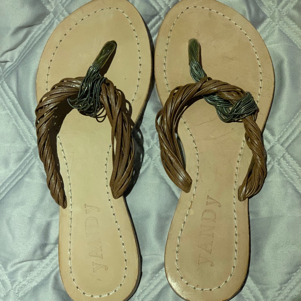 Yandy Brown Beige and Silver Sandal Flip Flops